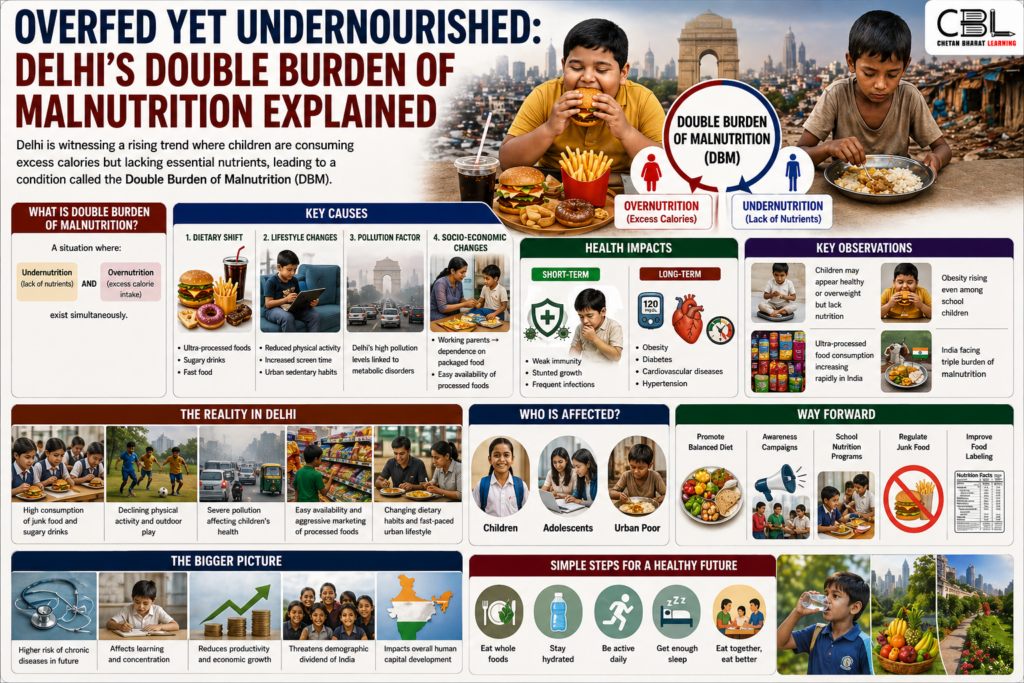 Double burden of malnutrition in Delhi infographic showing obesity and undernutrition among children causes health impacts and solutions