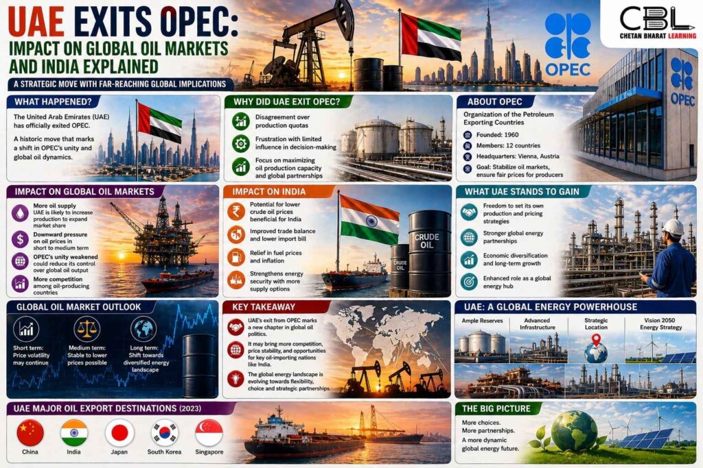 UAE exits OPEC infographic showing impact on global oil markets and India including oil prices supply changes and energy security