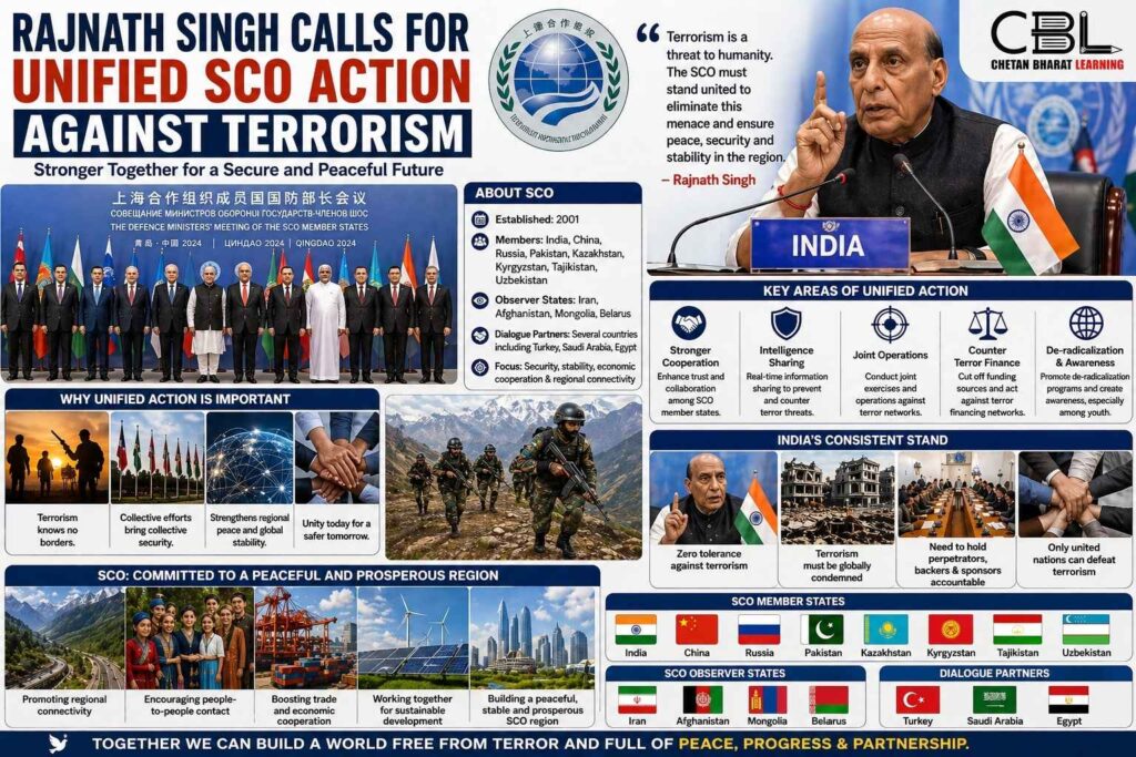 Rajnath Singh calls for unified SCO action against terrorism infographic showing India role SCO cooperation and counter terrorism measures