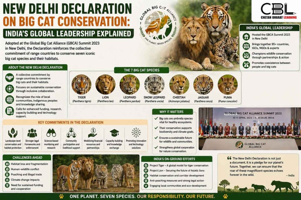 New Delhi Declaration on Big Cat Conservation infographic showing India global leadership tiger lion leopard species and conservation initiatives