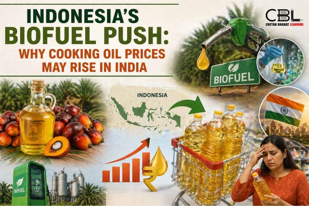 Indonesia biofuel policy impact on cooking oil prices in India infographic showing palm oil production biofuel shift and rising edible oil costs