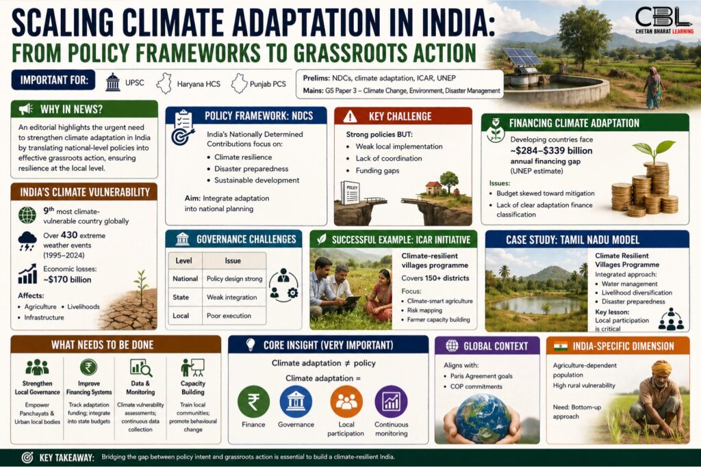 Climate adaptation in India infographic showing policy gaps, financing issues and grassroots action
