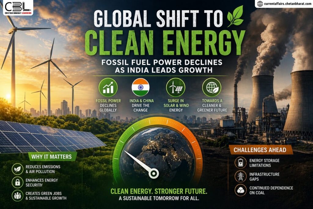 global shift to clean energy fossil fuel decline India renewable energy solar wind UPSC environment