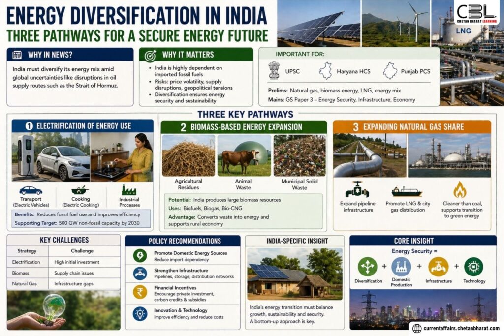 Energy diversification in India showing renewable energy sources like solar, wind, hydro and transition from fossil fuels