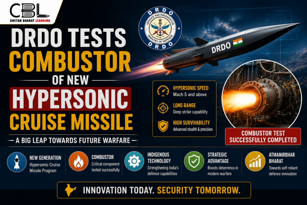 Infographic showing DRDO testing the combustor of a new hypersonic cruise missile for advanced defence capabilities.