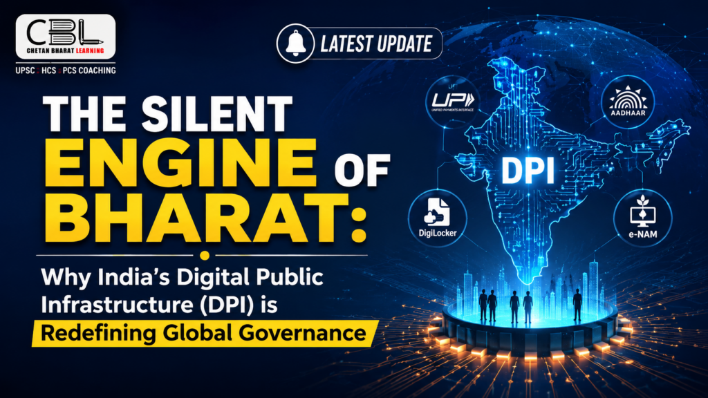 Infographic showing India’s Digital Public Infrastructure including UPI, Aadhaar, DigiLocker, and e-NAM redefining global governance.