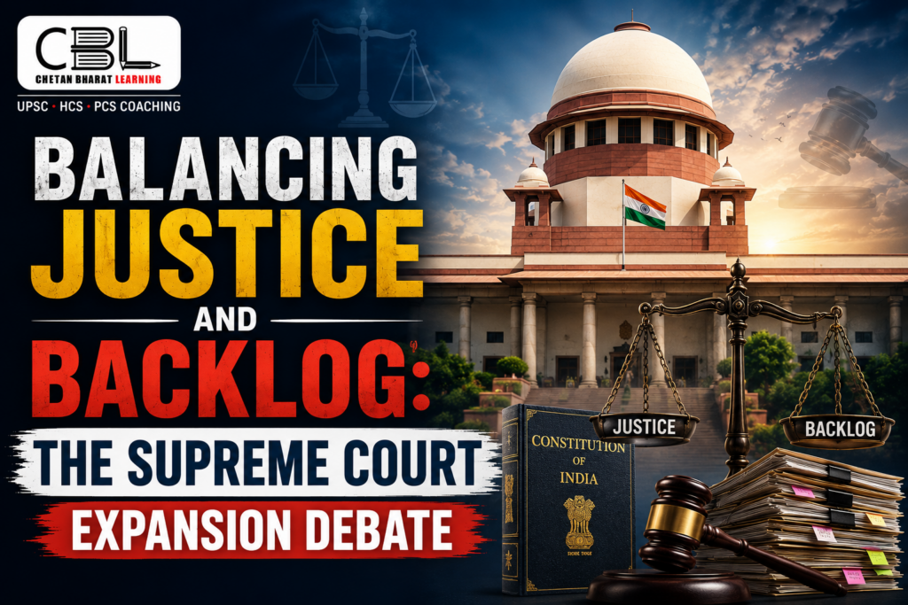 Showing the Supreme Court of India, justice scales, constitution book, gavel, and pending case files with the title “Balancing Justice and Backlog: The Supreme Court Expansion Debate.”