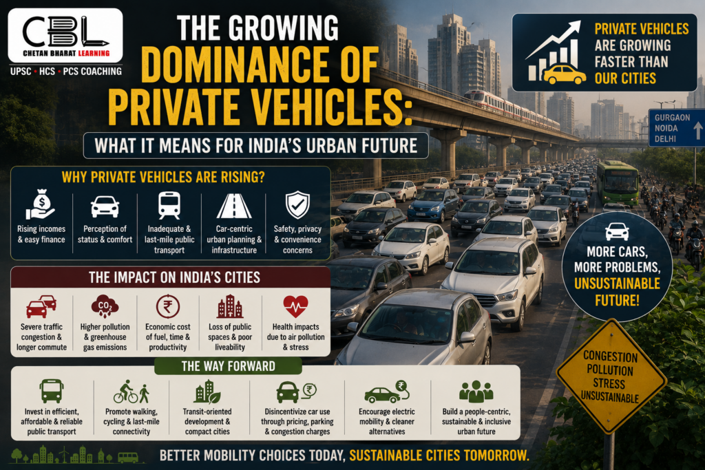 Infographic showing heavy traffic congestion, crowded urban roads, metro infrastructure, and private vehicles dominating city transport in India, highlighting challenges for sustainable urban development.