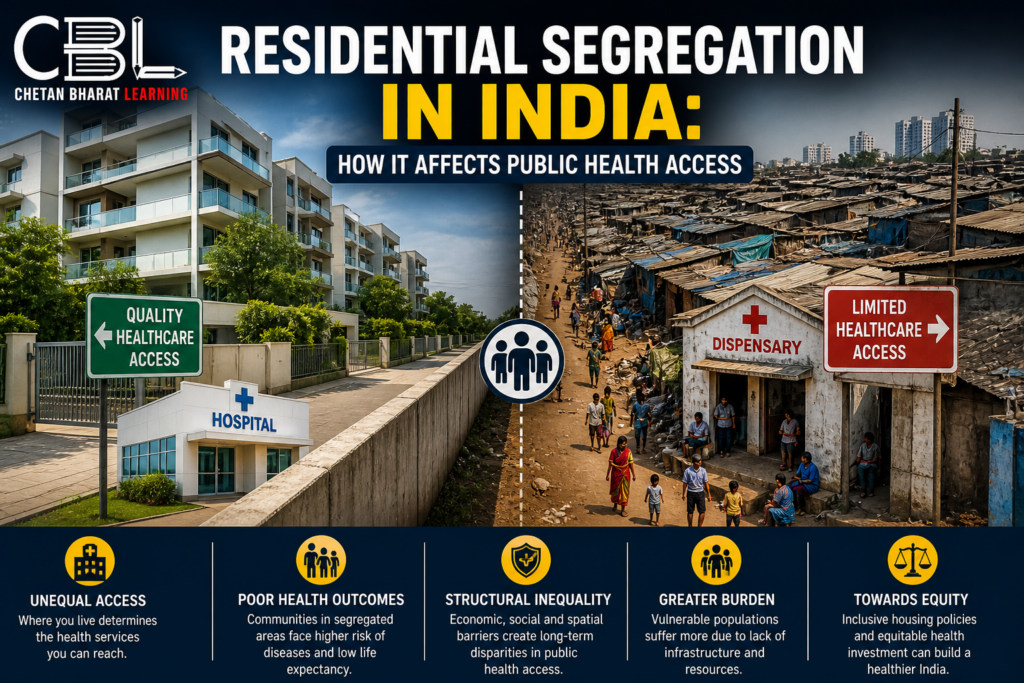 Residential segregation in India showing contrast between urban housing and slum areas affecting public health and healthcare access