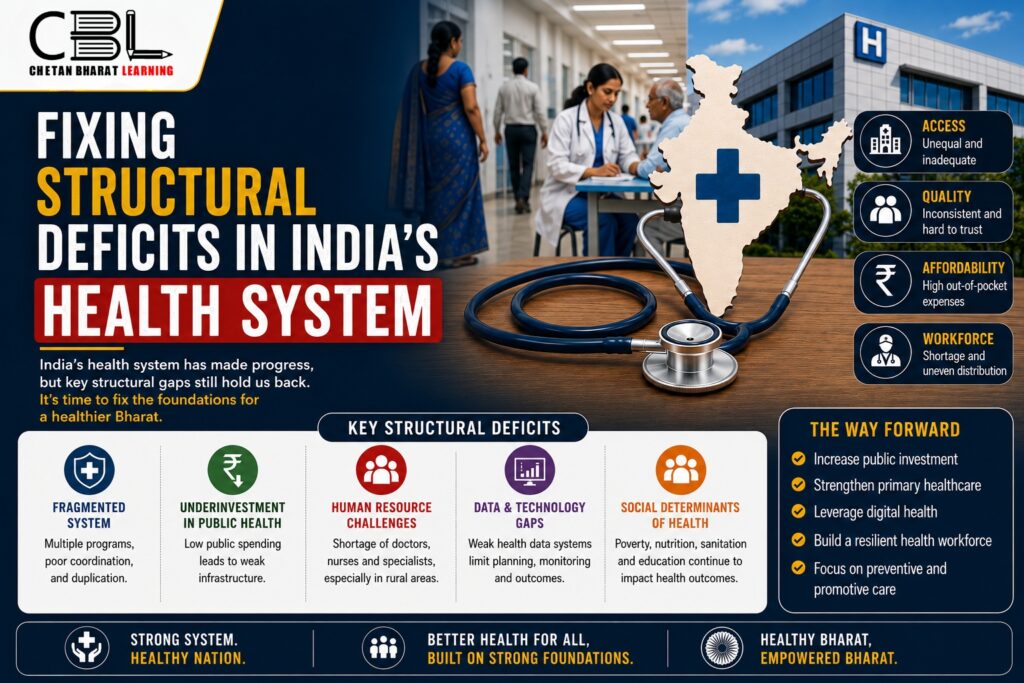 Structural deficits in India’s health system explained with healthcare access, affordability, workforce shortages, and reform measures.