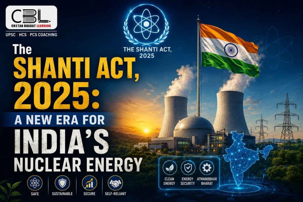 **Alt Text:**
Thumbnail showing India’s nuclear power future under The SHANTI Act, 2025 with a nuclear plant, Indian flag, atomic symbol, and clean energy graphics.