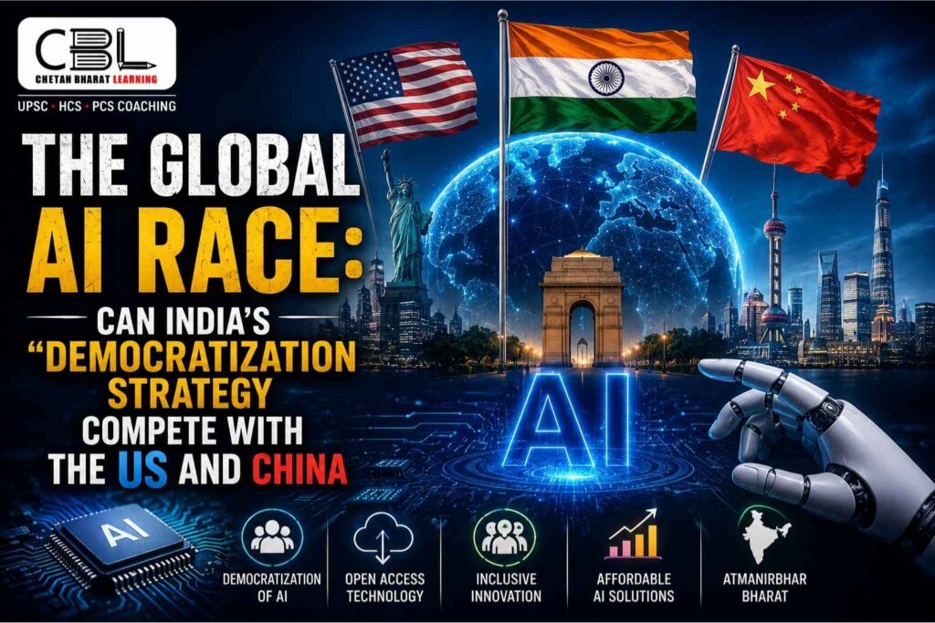 India, the US, and China competing in the global AI race with digital globe, AI chip, robotic hand, and national flags representing artificial intelligence innovation and strategy.
