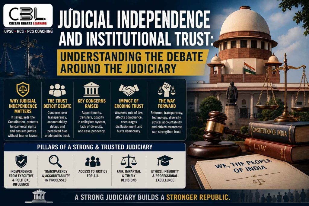 Illustration showing the Supreme Court of India, scales of justice, constitution books, and legal symbols representing judicial independence and institutional trust in India.