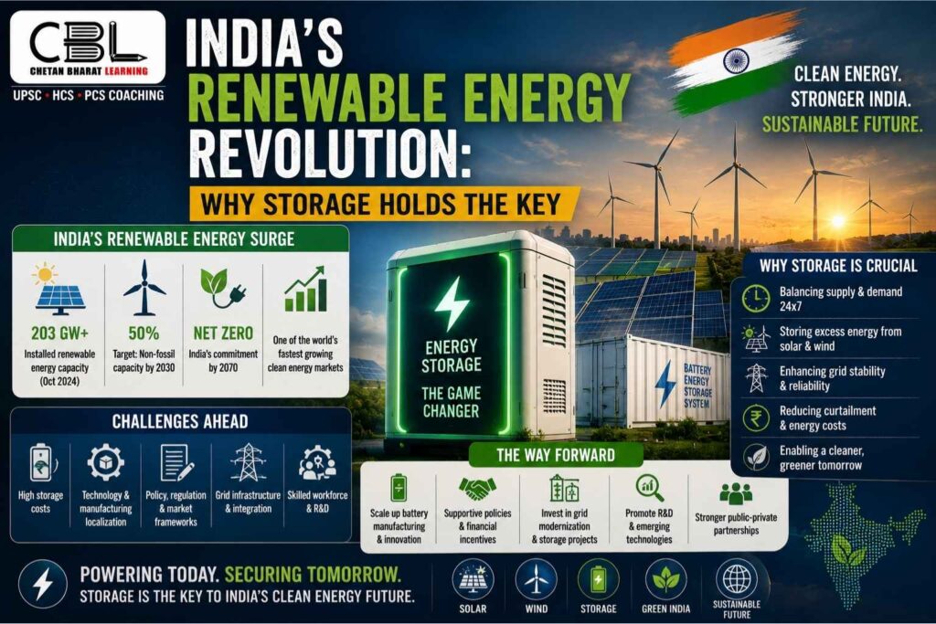 Infographic showing solar panels, wind turbines, battery energy storage systems, and renewable energy infrastructure highlighting India’s clean energy transition and the importance of energy storage.