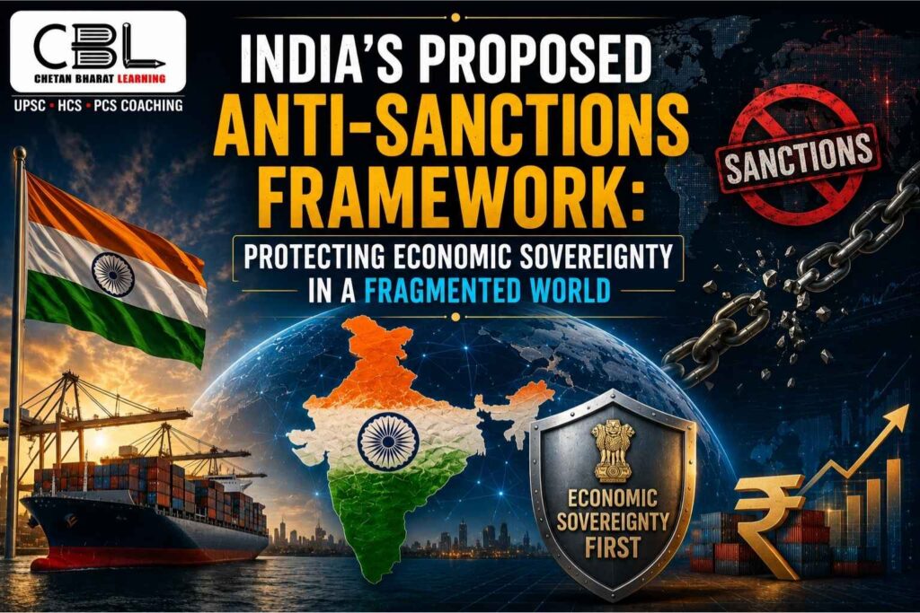 Infographic showing India’s proposed anti-sanctions framework with the Indian flag, global trade networks, shipping containers, economic growth symbols, and sovereignty-focused policy measures.