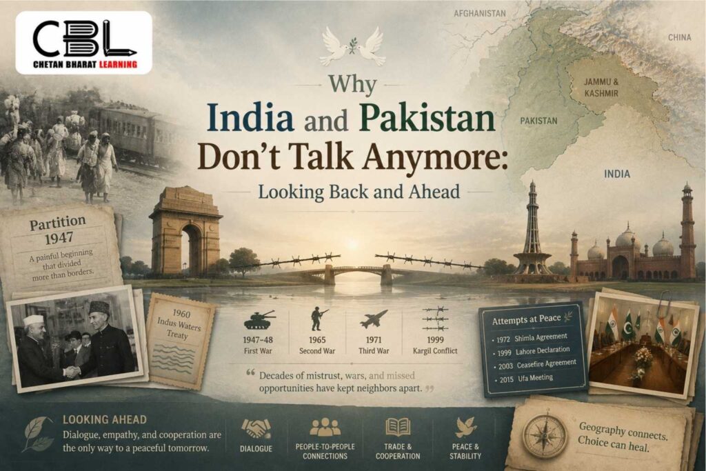 Infographic showing the history of India-Pakistan relations, including Partition, major conflicts, diplomatic efforts, trade potential, shared challenges, and pathways toward peace and cooperation.
