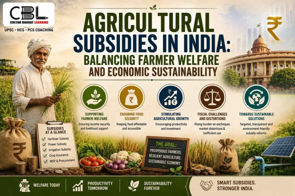 Infographic showing Indian farmers, agricultural subsidies, government support schemes, Parliament, and sustainable farming solutions highlighting the balance between farmer welfare and economic sustainability.