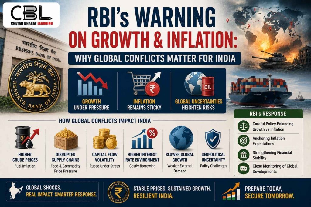 Infographic showing the Reserve Bank of India, global conflicts, oil prices, trade disruptions, inflation risks, and economic indicators highlighting the impact of geopolitical tensions on India’s growth and inflation.