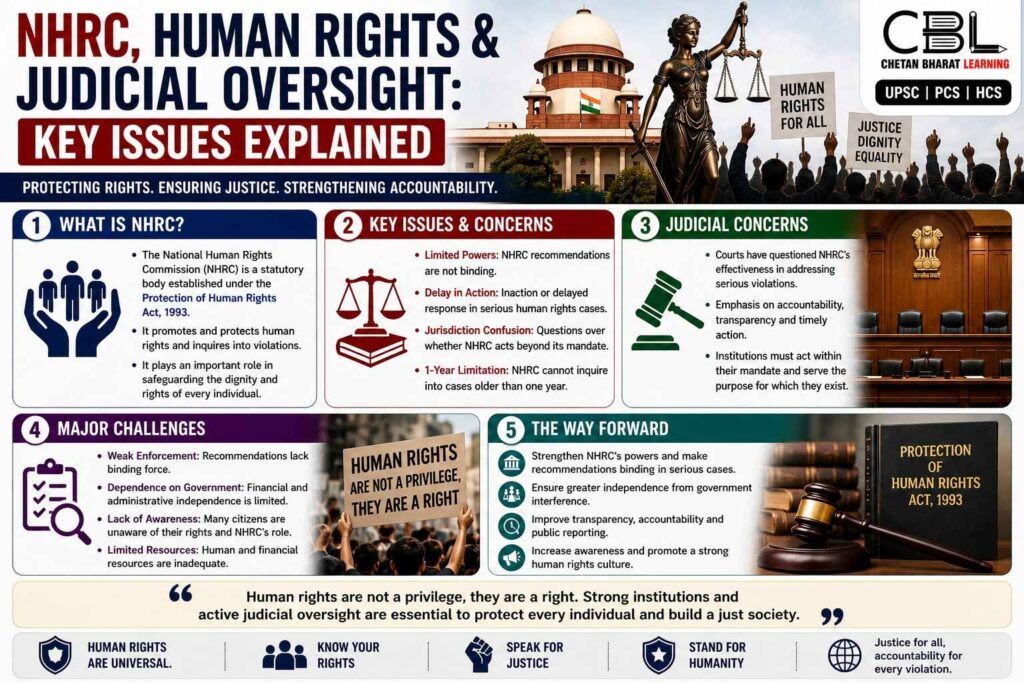 NHRC human rights judicial oversight India infographic explaining powers challenges and role of National Human Rights Commission