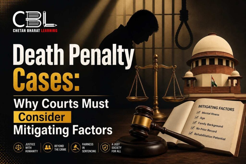 Death penalty cases illustration showing court, judge gavel and mitigating factors in sentencing
