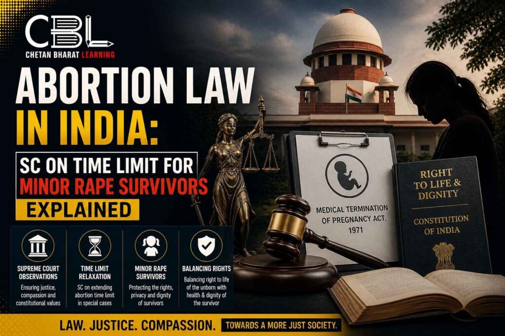 Abortion law in India illustration showing Supreme Court, gavel, scales of justice and legal documents related to time limit decision