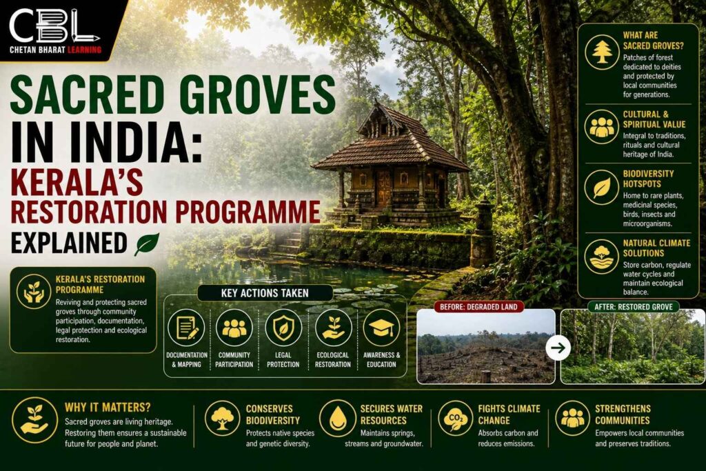 Sacred groves in India showing temple forest in Kerala with biodiversity conservation and ecological restoration efforts