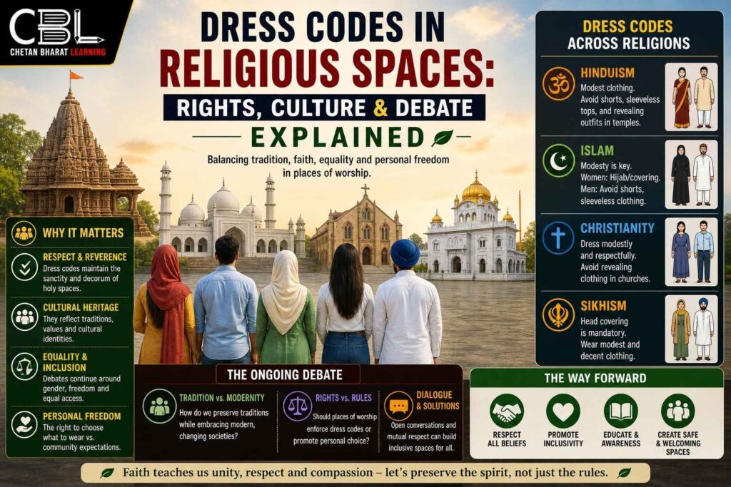 Dress codes in religious spaces showing people in traditional attire across different religions highlighting cultural practices and rights debate