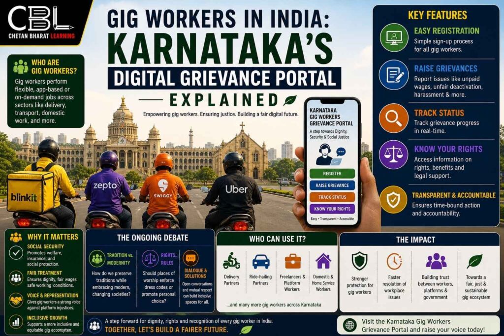 Gig workers in India with delivery riders and Karnataka digital grievance portal illustration showing worker rights and complaint system