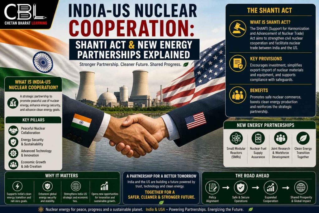 India US nuclear cooperation showing handshake between countries with nuclear power plant and clean energy partnership concept