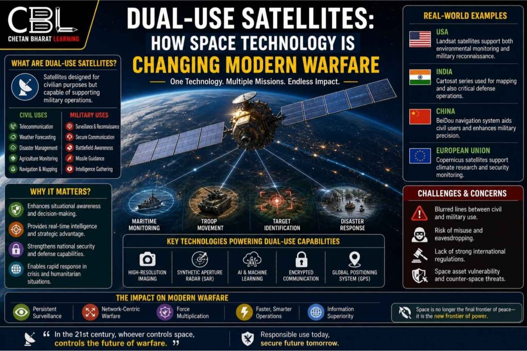 Dual-use satellites in space showing earth observation, military surveillance and civilian applications in modern warfare technology