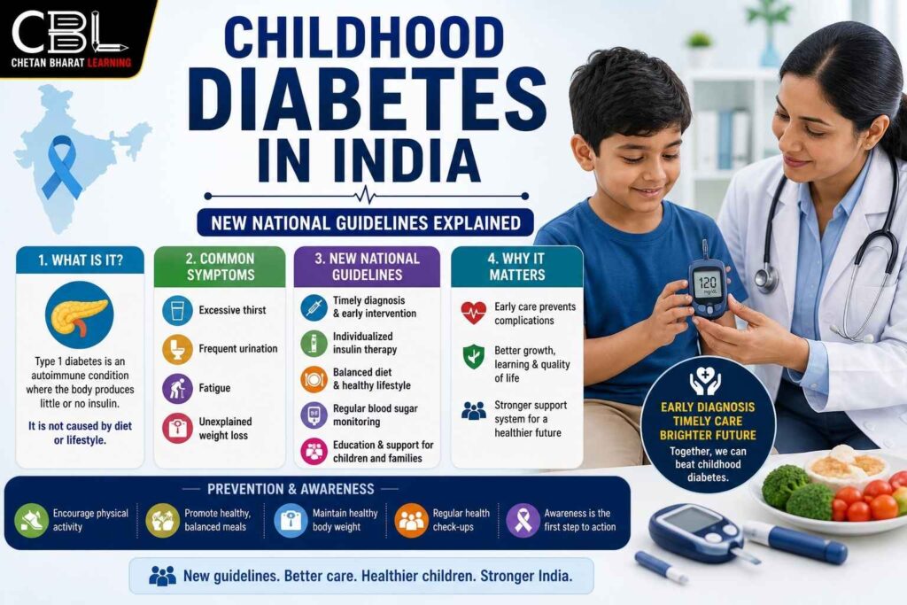 Childhood diabetes in India showing child with glucose monitor and doctor explaining symptoms and national guidelines