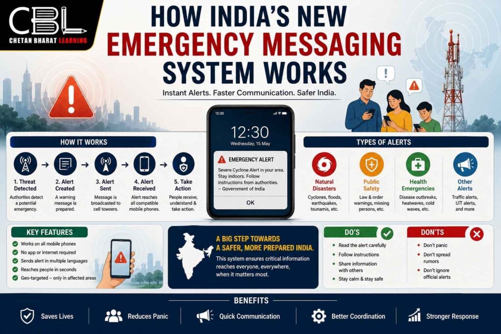 India emergency messaging system showing mobile alert notification, telecom tower and disaster warning system infographic