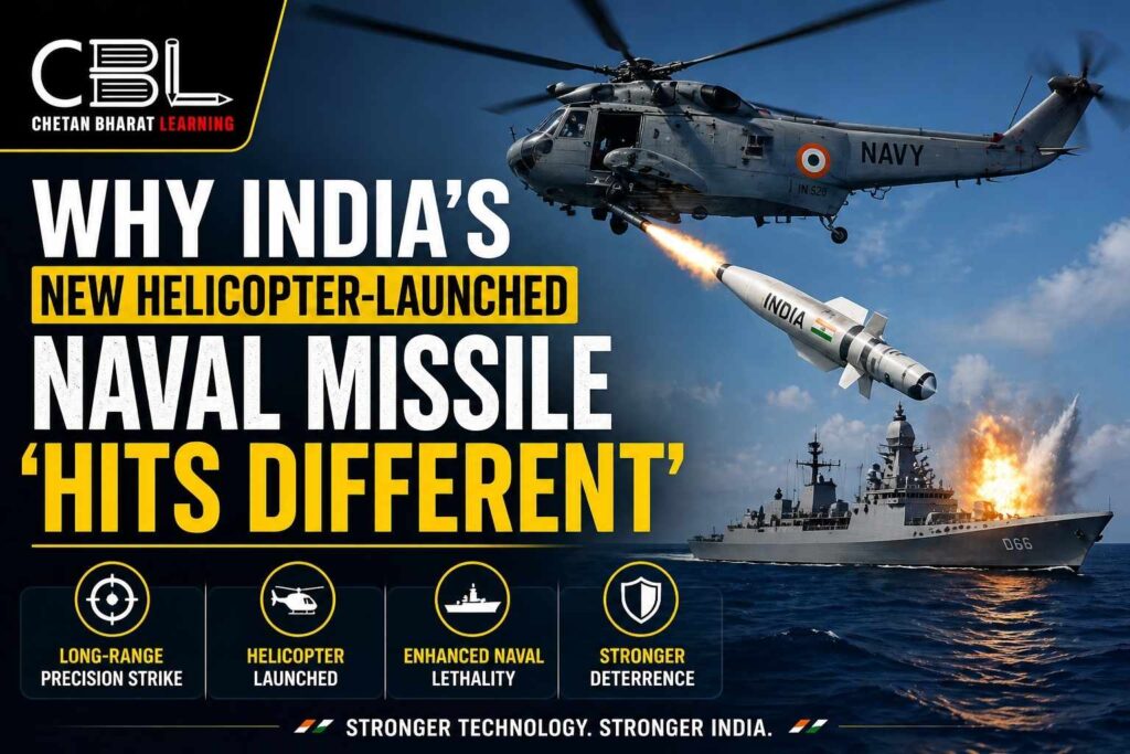 India’s helicopter-launched naval missile explained, showing a helicopter firing a missile over the ocean targeting a warship, highlighting advanced naval strike capability.