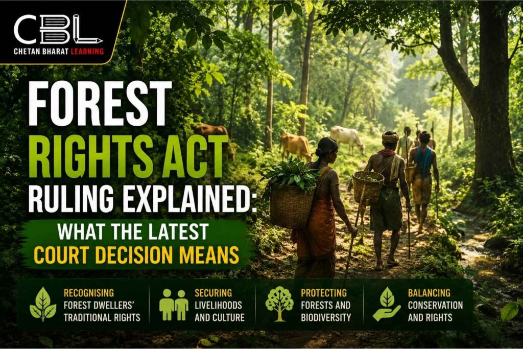 Forest Rights Act ruling explained showing tribal people walking in forest with cows grazing, highlighting traditional forest rights and livelihoods in India.