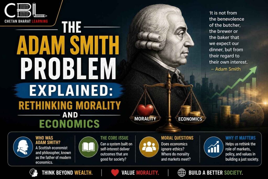 Infographic explaining The Adam Smith Problem with Adam Smith’s portrait, morality vs economics balance, and concepts of ethics, self-interest, and modern economics.