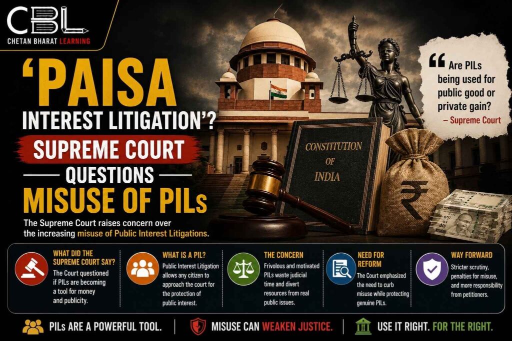 Infographic showing the Supreme Court’s concern over misuse of Public Interest Litigations (PILs) in India, highlighting judicial reforms and public interest issues.