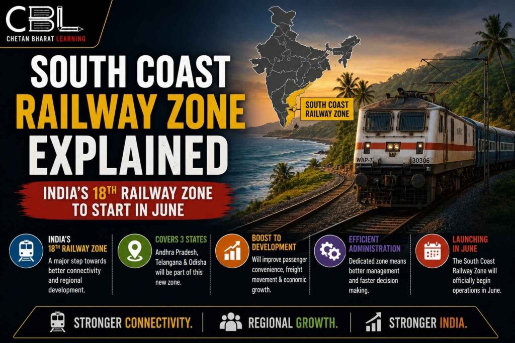 Infographic explaining the South Coast Railway Zone, India’s 18th railway zone, highlighting regional connectivity, railway development, and operational benefits.