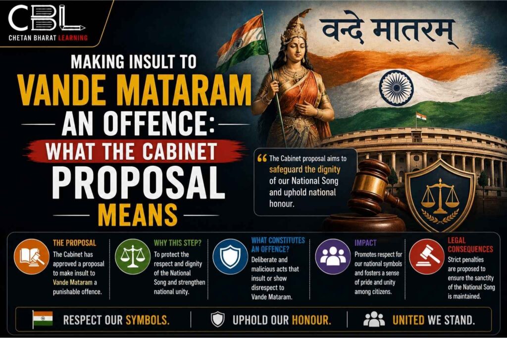 Infographic explaining the Cabinet proposal to make insults to Vande Mataram a punishable offence, highlighting national honour, legal implications, and public debate.