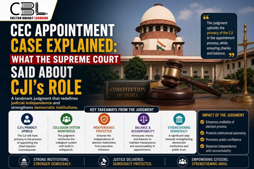 CEC Appointment Case explained with Supreme Court judgment, CJI role, judicial independence, and democratic accountability in India.