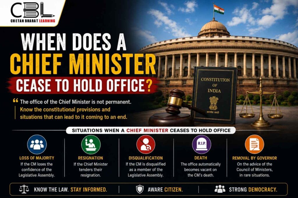 Chief Minister cease to hold office explained with constitutional rules, resignation, loss of majority, and Governor’s role in India.