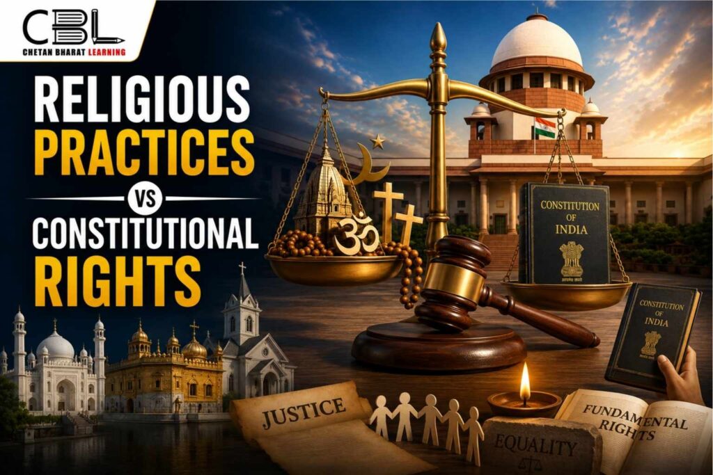 Religious practices versus constitutional rights explained with Supreme Court, Constitution of India, equality, and justice symbols.