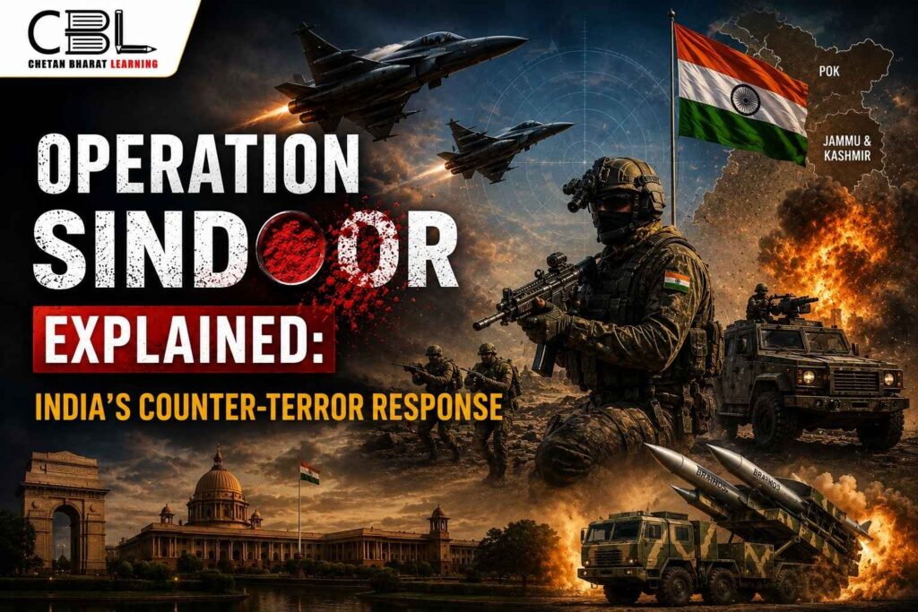 Operation Sindoor explained with Indian military forces, counter-terror response, fighter jets, missiles, and national security visuals.