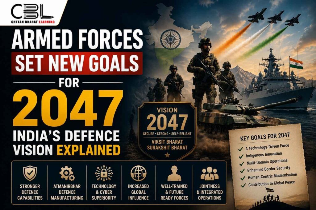 India Defence Vision 2047 explained with armed forces modernisation, military technology, fighter jets, navy, tanks, and national security themes.