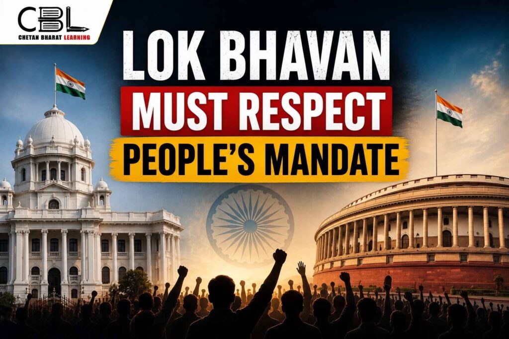 Illustration of Lok Bhavan and the Indian Parliament with Indian flags and citizens raising hands, symbolizing respect for the people’s democratic mandate.
