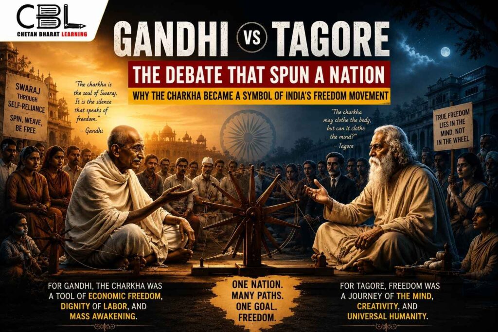 Gandhi and Tagore debating the role of the charkha in India’s freedom movement.