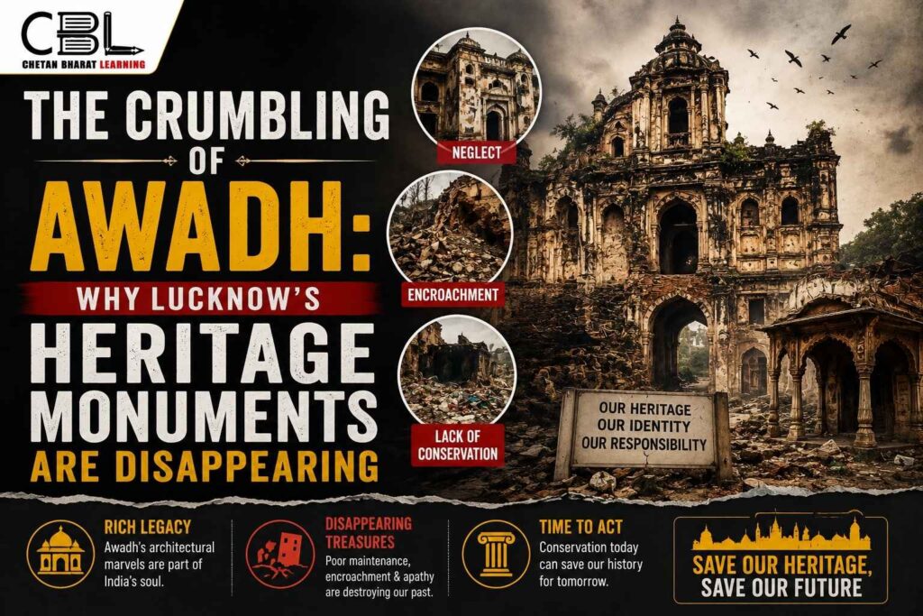 Infographic showing the decline of Lucknow’s Awadh heritage monuments due to neglect and lack of conservation.