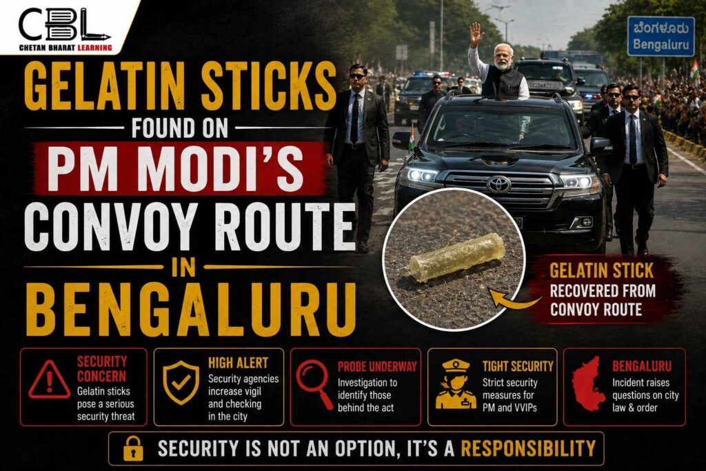 Infographic showing gelatin sticks found on PM Modi’s convoy route in Bengaluru raising security concerns.