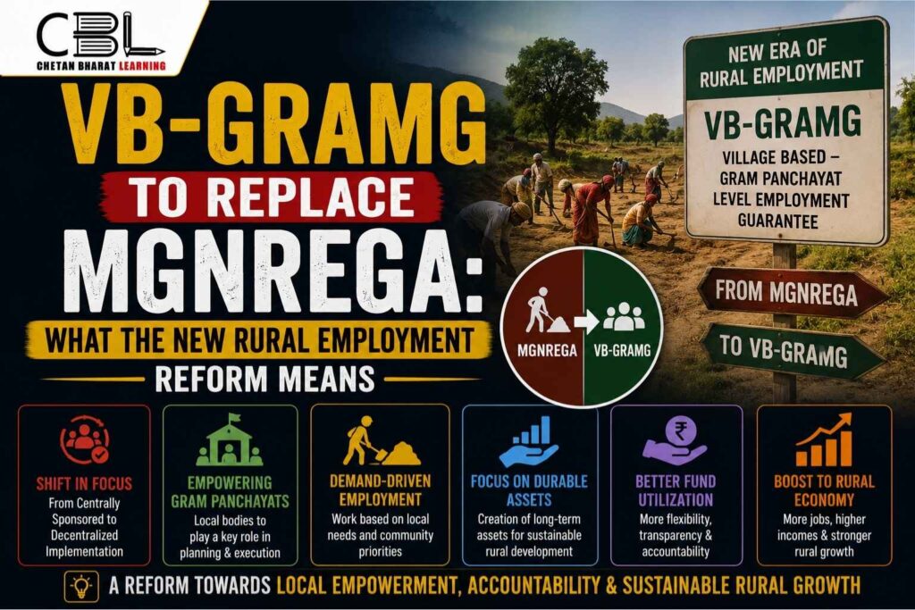 Infographic explaining VB-GRAMG replacing MGNREGA and its impact on rural employment and gram panchayats in India.