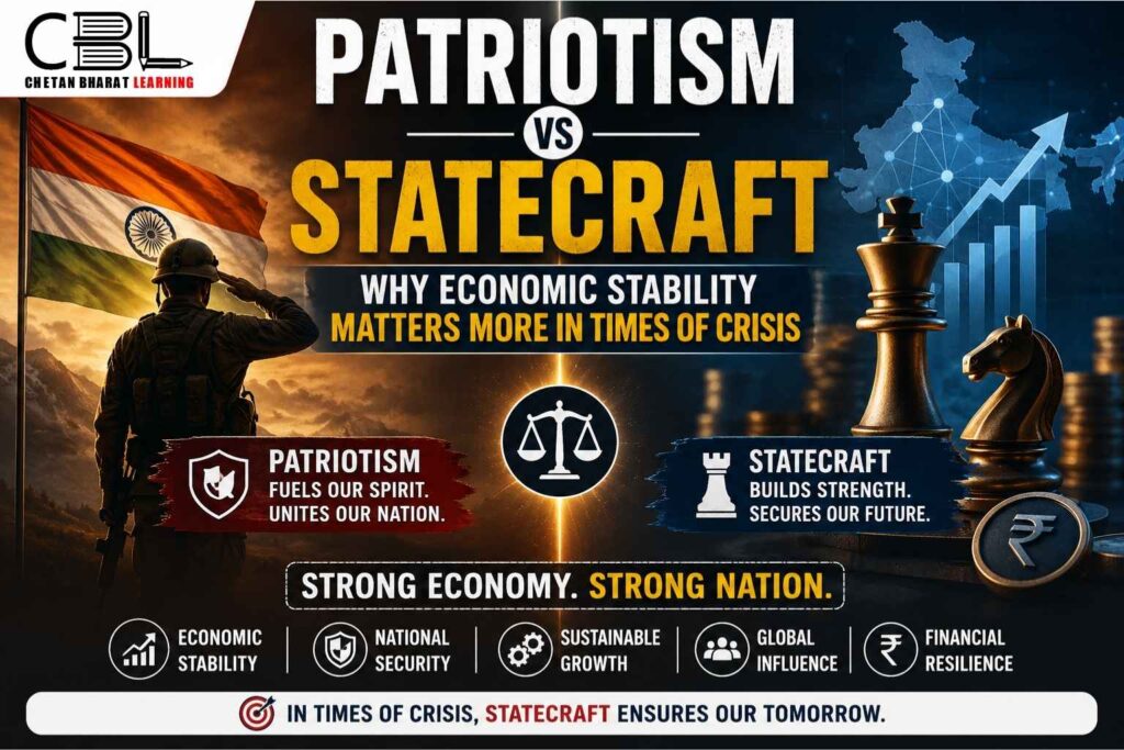 Infographic explaining patriotism vs statecraft and why economic stability matters during times of crisis.
