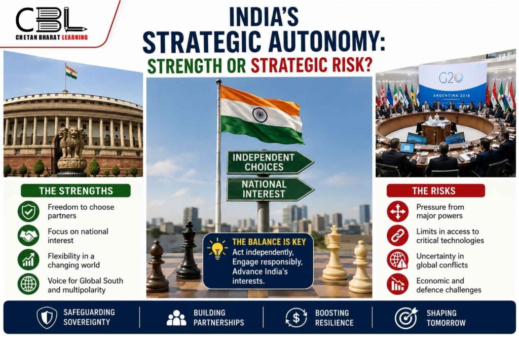 Infographic explaining India’s strategic autonomy and the balance between independent decisions and geopolitical risks.